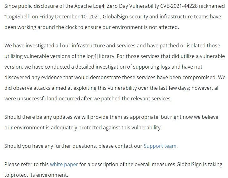 GlobalSign对Apache Log4j漏洞的回应